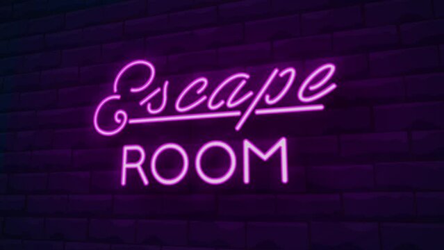 escape room neon sign animation.Brick Wall Background.
