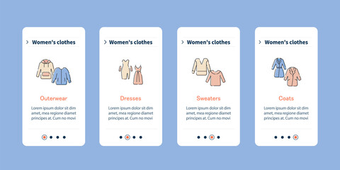  Clothes mobile app screens. Trendy outwear, dresses, sweaters, coats clothing. Fashionable clothing steps menu. Set of UI, UX, web template with RGB color linear icons