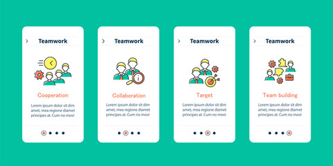 Teamwork mobile app screen. Cooperation, collaboration, target, team building. Teamwork steps menu. Set of UI, UX, web template with RGB color linear icons