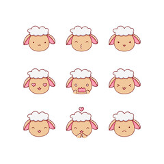 Collection of funny cute sheep emoticon characters in different emotions. Illustration