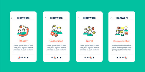 Teamwork mobile app screen. Efficacy, cooperation, target and communication. Teamwork steps menu. Set of UI, UX, web template with RGB color linear icons