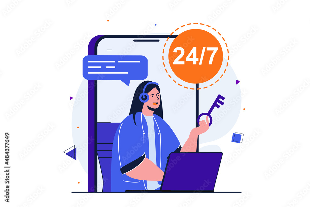 Poster Customer service modern flat concept for web banner design. Woman works in tech support, advises clients in online chat. Operator on call around clock. Vector illustration with isolated people scene
