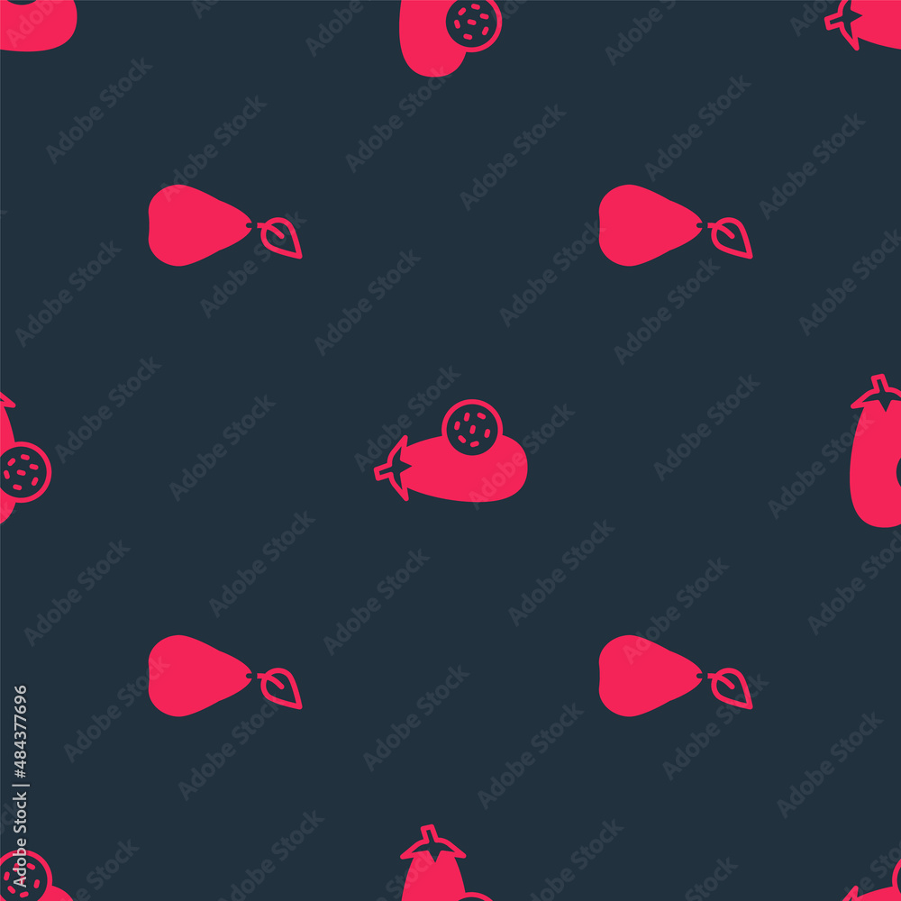 Poster set pear and eggplant on seamless pattern. vector