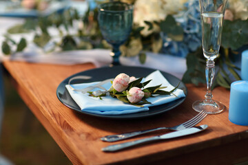festive table in blue tones. High quality photo