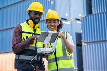 Engineering, foreman play drone of remote control with blue containers background	
