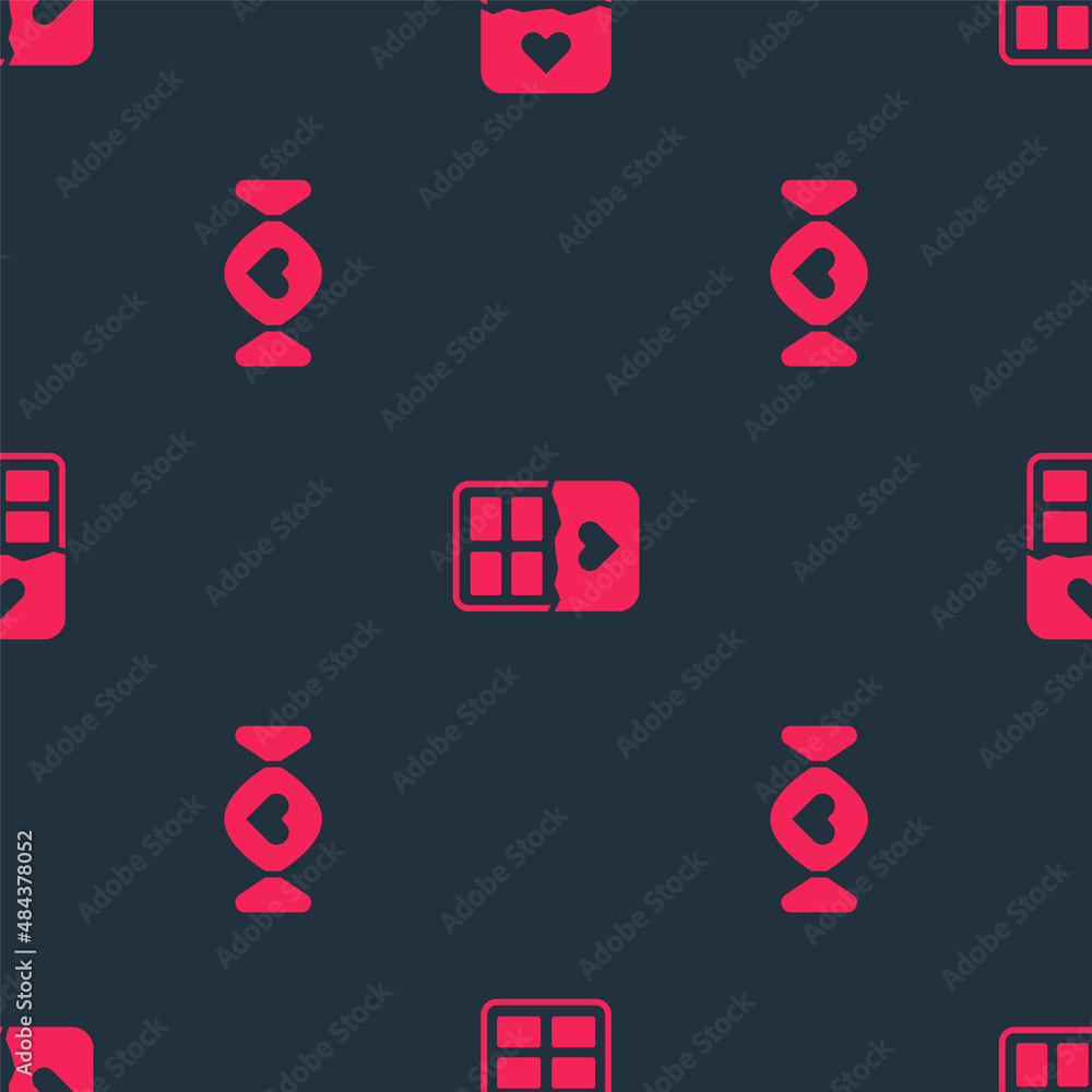 Poster set candy and chocolate bar on seamless pattern. vector