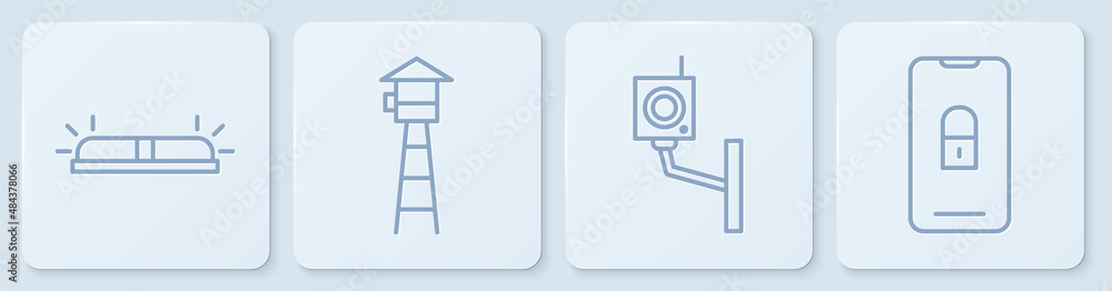 Poster set line flasher siren, security camera, watch tower and mobile with closed padlock. white square bu