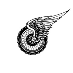 Winged wheel in monochrome style. Design element for logo, label, sign, emblem. Vector illustration