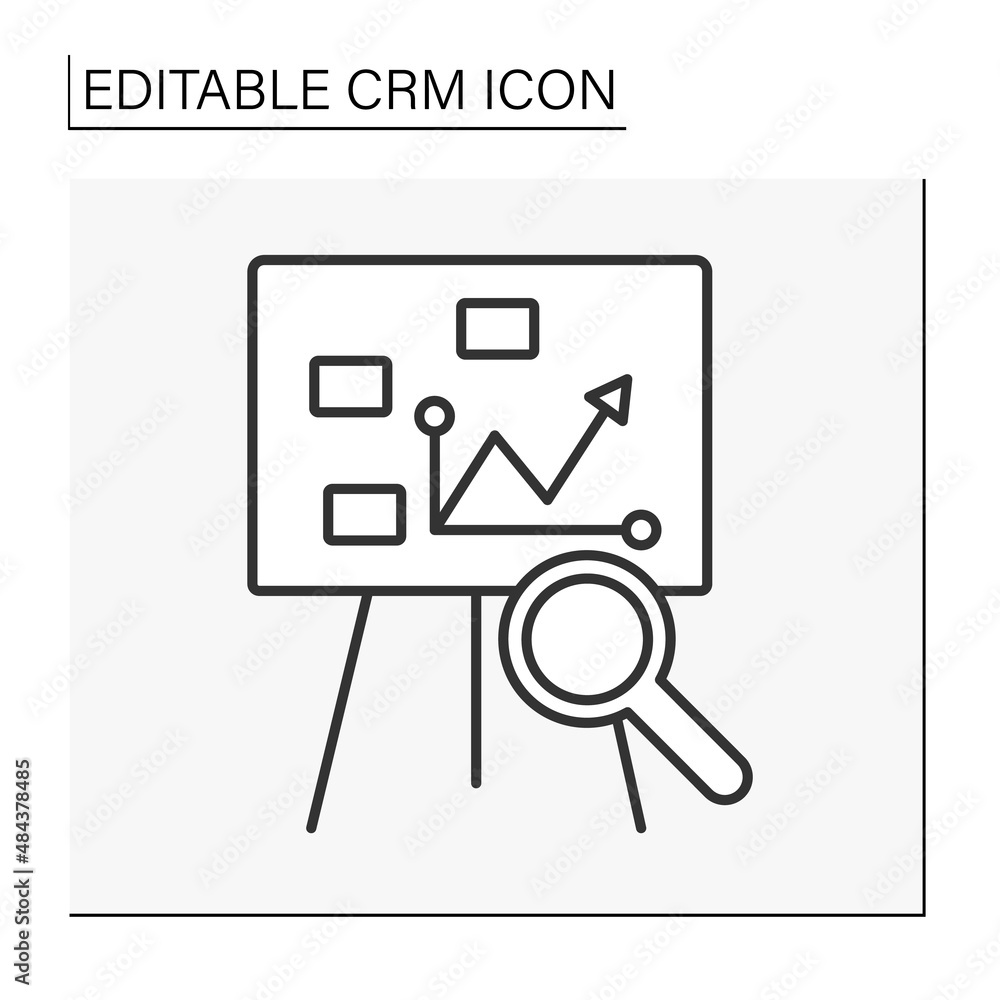 Poster presentation line icon. graph with researching sales. crm concept. isolated vector illustration. edi