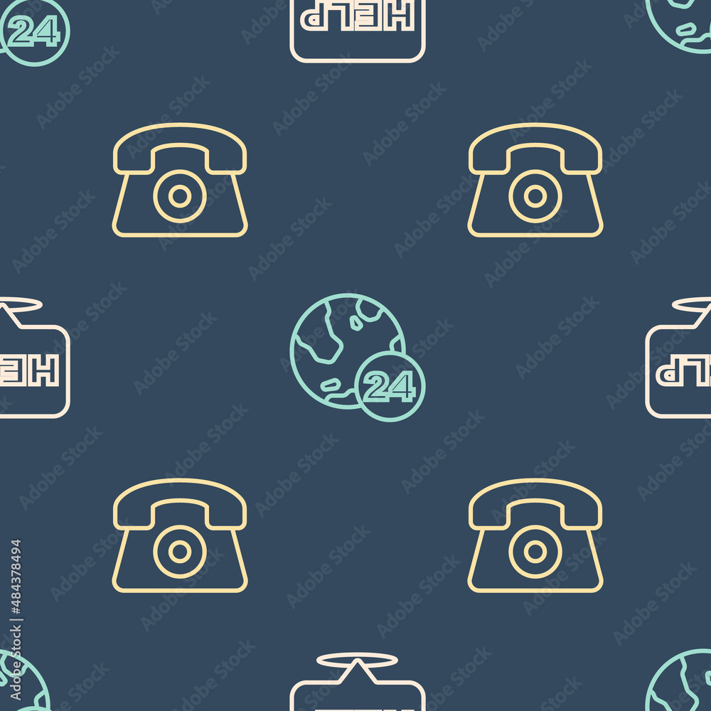Poster set line speech bubble with text help, telephone 24 hours support and on seamless pattern. vector
