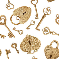 Retro keys seamless pattern. Antiques key cover for your design. Hand painted illustration on background