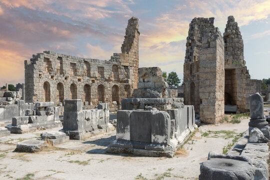 Ancient city of Perge near Antalya Turkey. The Hadrianus Arch