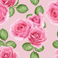 Seamless drawing with spring flowers and leaves. Flower pattern for wallpaper or fabric. Flower rose. Botanical tiles.