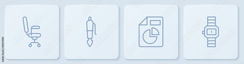 Poster set line office chair, document with graph chart, fountain pen nib and wrist watch. white square but