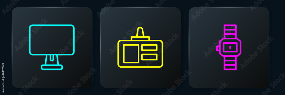 Poster set line computer monitor, wrist watch and identification badge. black square button. vector