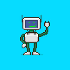 colorful simple flat pixel art illustration of cartoon grinning robot in love humanoid robot