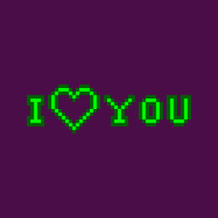 Fototapeta premium colorful simple flat pixel art illustration of neon green glowing inscription i love you with heart shape