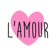 Banner con silueta de corazón con texto l'amour en francés en caligrafía para su uso en invitaciones y tarjetas de felicitación