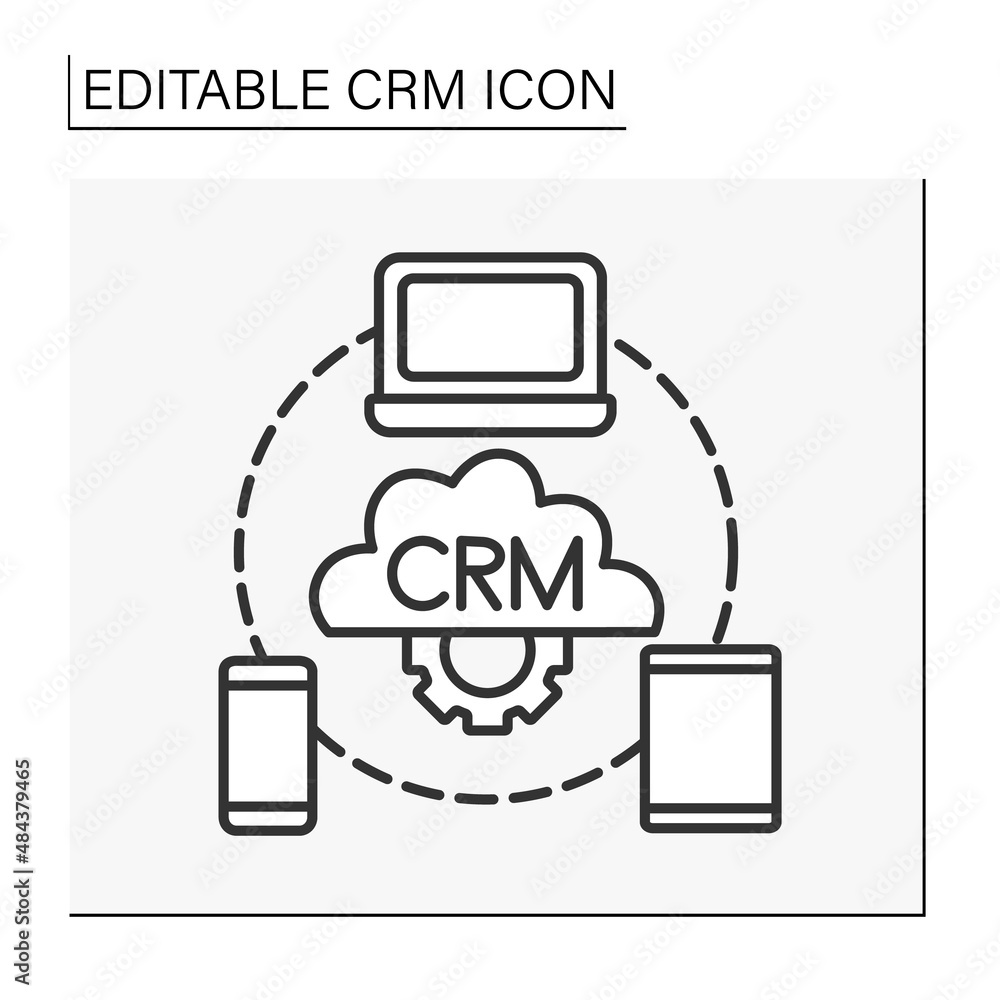 Poster business line icon. sync software on devices. crm concept. isolated vector illustration. editable st