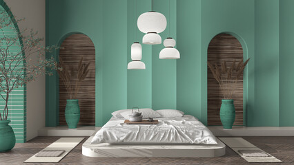 Beige and turquoise concrete molded plaster wall in zen eastern bedroom with master bed, lamp and decors. Cozy background with copy space. Relax showcase, interior design concept idea