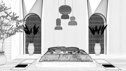 Blueprint project draft, molded plaster wall in zen eastern bedroom with master bed, lamps and decors. Cozy background with copy space. Relax showcase, interior design concept idea