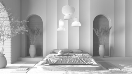 Total white project draft, molded plaster wall in zen eastern bedroom with master bed, lamps and decors. Cozy background with copy space. Relax showcase, interior design concept idea
