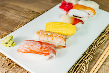 Japanese food, fresh sushi dish on white plate
