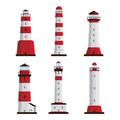 Set of different types of lighthouses white background. Vector searchlight towers for maritime navigation guidance, coastline architecture buildings in cartoon style.