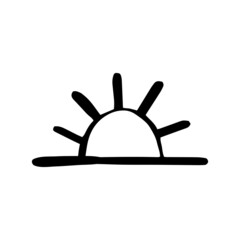 Sunrise. Doodle sun horizon. Black line sketch art icon. Cute cartoon kids teens design. Outline drawing logo minimal style.