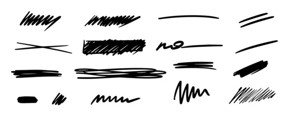 Doodle brush or marker underline slroke black line sketch set. Pencil pen mark vector illustration. Hand drawn simple elements on white background. Cool hand drawn graphic print.