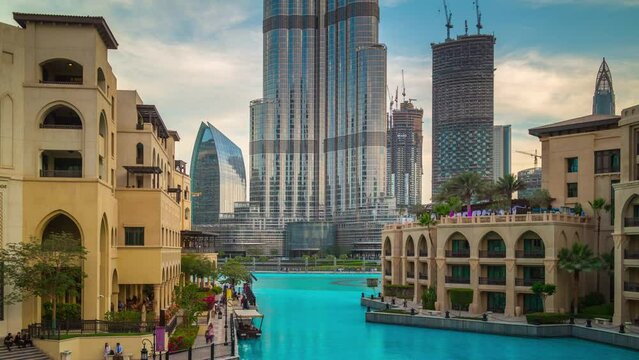 sunset dubai fountain downtown palace hotel world tallest building panorama 4k timelapse uae