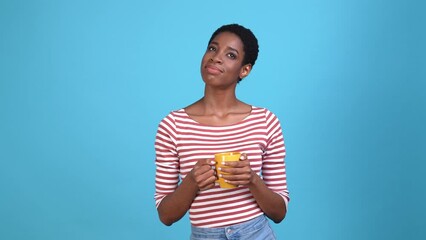 Lady guy like atmosphere drink mug beverage isolated blue color background - Powered by Adobe