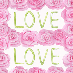 Seamless watercolor romantic pattern with pink roses and word of love isolated on white background.Good for valentine's day,package design.