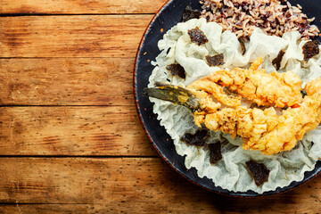 Appetizing grilled sea bass fish.
