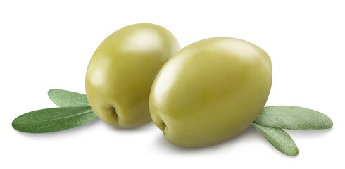 Two green olives with leaves, isolated on white background