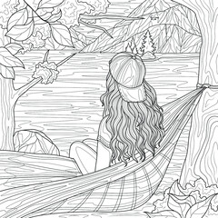 Coloring book antistress for children and adults. The girl sits in a hammock and looks at the lake and mountains. Landscape.Illustration isolated on white background. Zen-tangle style. Hand draw