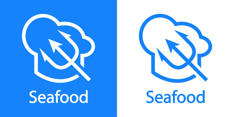 Logotipo restaurante. Banner con texto Seafood y silueta de gorro de cocinero con tridente con líneas en fondo azul y fondo blanco