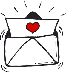 An envelope with a heart. Valentine's day. Black and white doodle vector illustration.