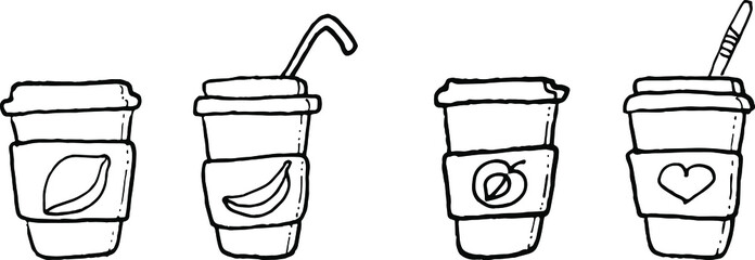 A glass of coffee. Coffee to take away. Black and white vector doodle illustration.