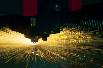 Abstract scene fiber laser cutting machine cutting  machine and G-code data background.