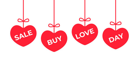 Sale, bay, love and day label on red heart icon. Symbol love sticker for shop. Sale on valentines day, women day 8 march. Discounts and promotions. Advertising signs to attract buyers. Vector