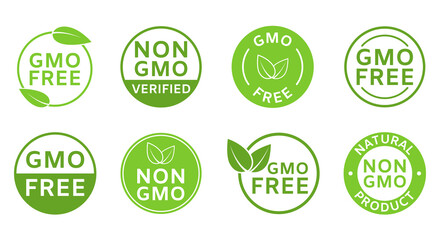 Non GMO labels. GMO free icons. Organic cosmetic. Healthy food concept. No GMO design element for tags, product packag, food symbol, emblem, sticker. Eco, vegan, bio. Green leaves. Vector illustration - obrazy, fototapety, plakaty