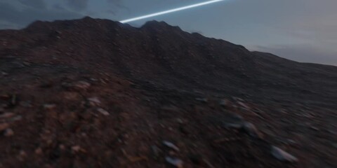 Falling meteorite with copy space. Asteroid impact over the Earth. UFO landed on the surface. Short Full HD Footage in 24 FPS. Falling star on a dark landscape of desert mountains.