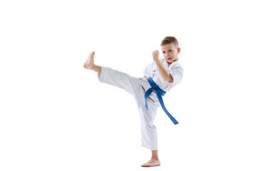 One sportive little boys, taekwondo athletes wearing doboks practicing alone isolated on white...