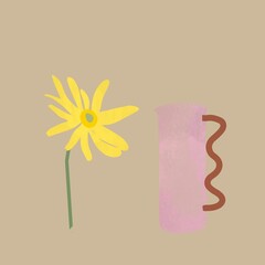 hand-drawn illustration of the modern pink vase and yellow flower
