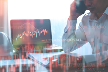 Double exposure. Technical candlestick price chart, up and down trend, volatility, panic sell, red...