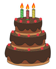 Cartoon style chocolate birthday cake with 3 candles. Vector illustration clip art isolated on white background. 