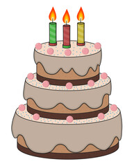 Cartoon style white chocolate birthday cake with 3 candles. Vector illustration clip art isolated on white background. 