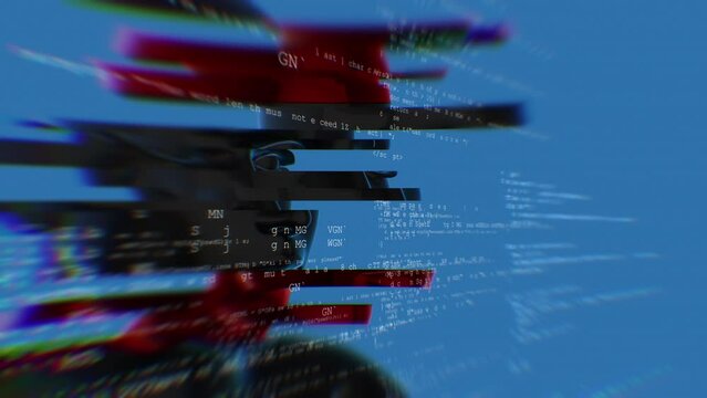 Technological background with robotic human face and programming code on holographic virtual screens