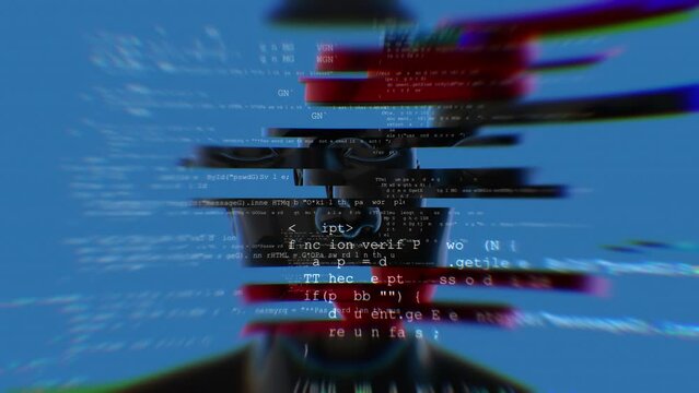Technological background with robotic human face and programming code on holographic virtual screens